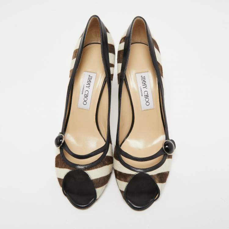 Pre Owned Jimmy Choo Black/White Calf hair and Leather Peep Toe Pumps Size 38.5