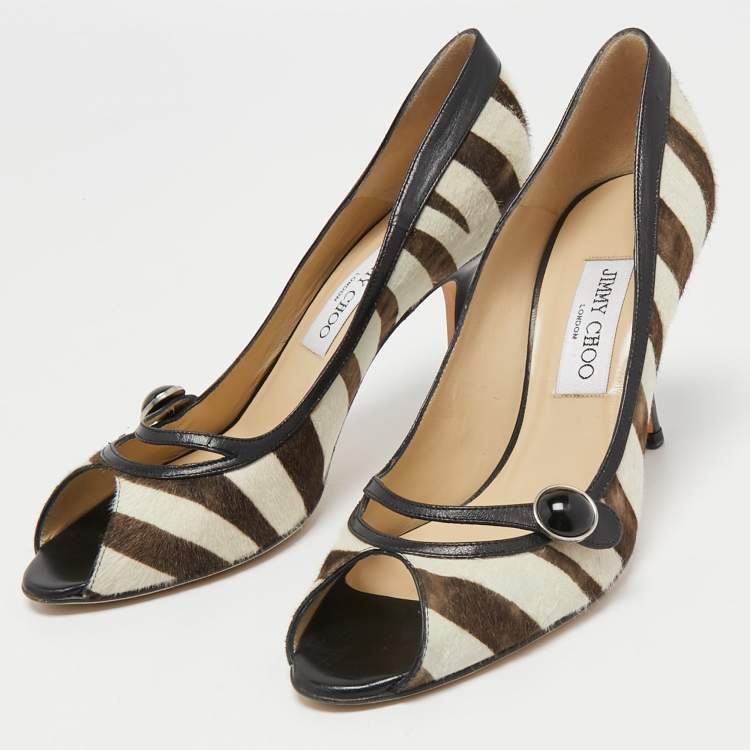 Pre Owned Jimmy Choo Black/White Calf hair and Leather Peep Toe Pumps Size 38.5