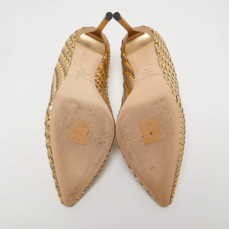 Pre Owned Jimmy Choo Gold Woven Leather Pointed Toe Pumps Size 38