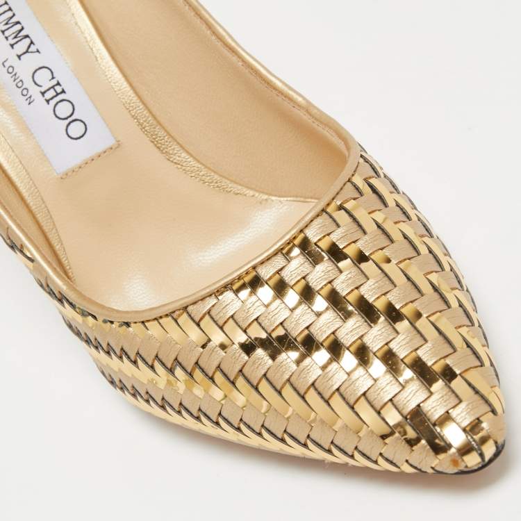 Pre Owned Jimmy Choo Gold Woven Leather Pointed Toe Pumps Size 38