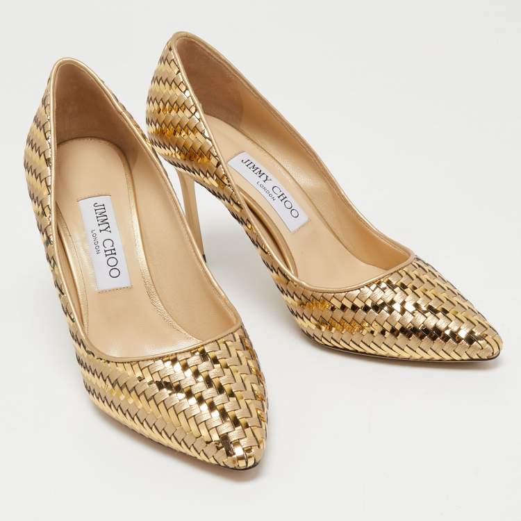 Pre Owned Jimmy Choo Gold Woven Leather Pointed Toe Pumps Size 38