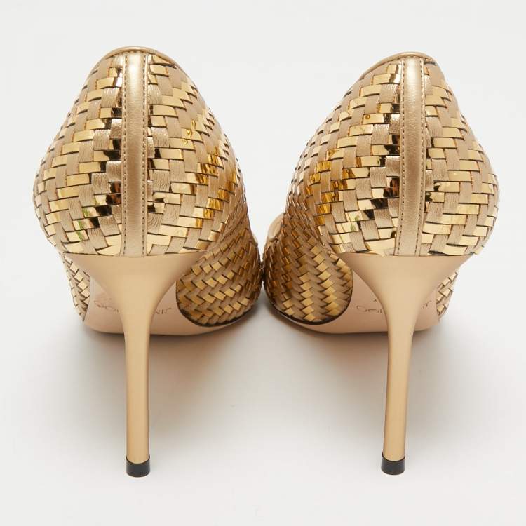 Pre Owned Jimmy Choo Gold Woven Leather Pointed Toe Pumps Size 38