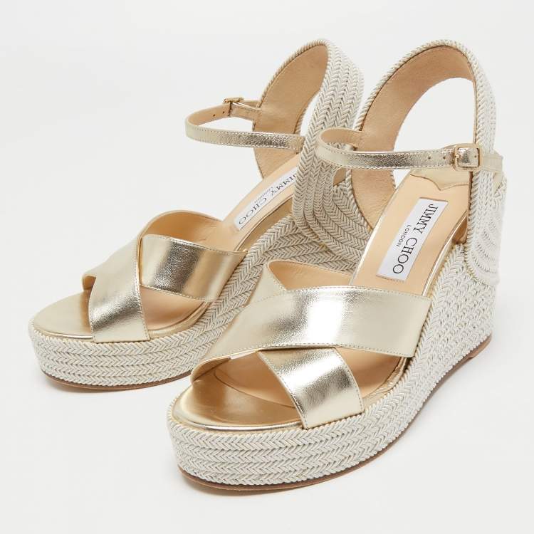 Pre Owned Jimmy Choo Gold Leather Dellena Wedge Sandals Size 38.5