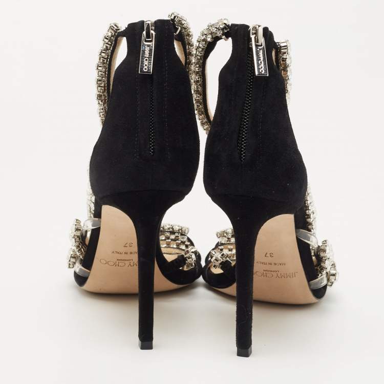 Pre Owned Jimmy Choo Black Suede Crystal Embellished Josefine Sandals Size 37