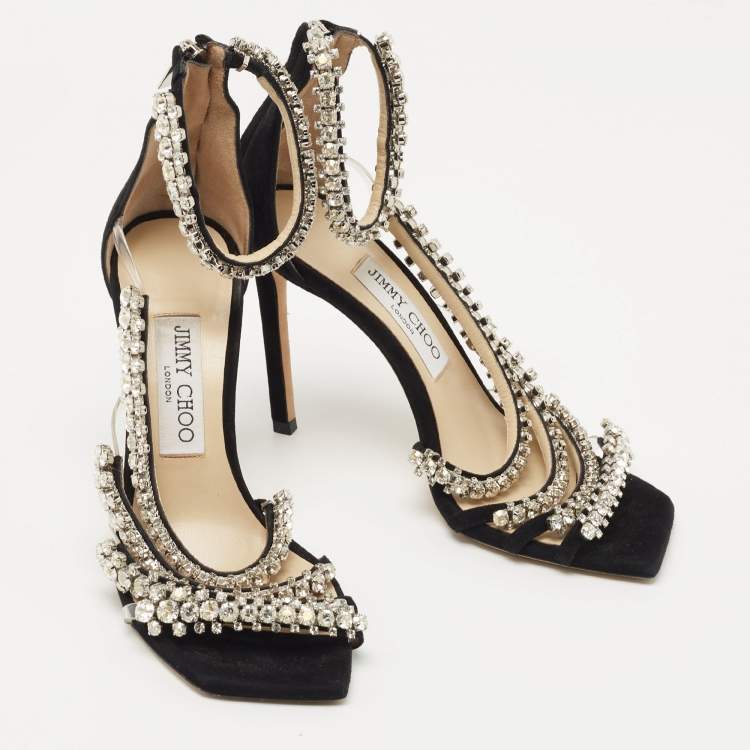 Pre Owned Jimmy Choo Black Suede Crystal Embellished Josefine Sandals Size 37