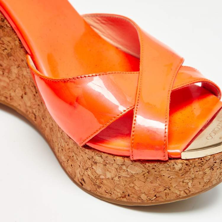 Pre Owned Jimmy Choo Orange Patent Leather Prima Sandals Size 40.5