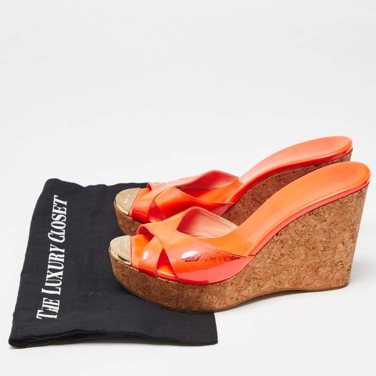 Pre Owned Jimmy Choo Orange Patent Leather Prima Sandals Size 40.5