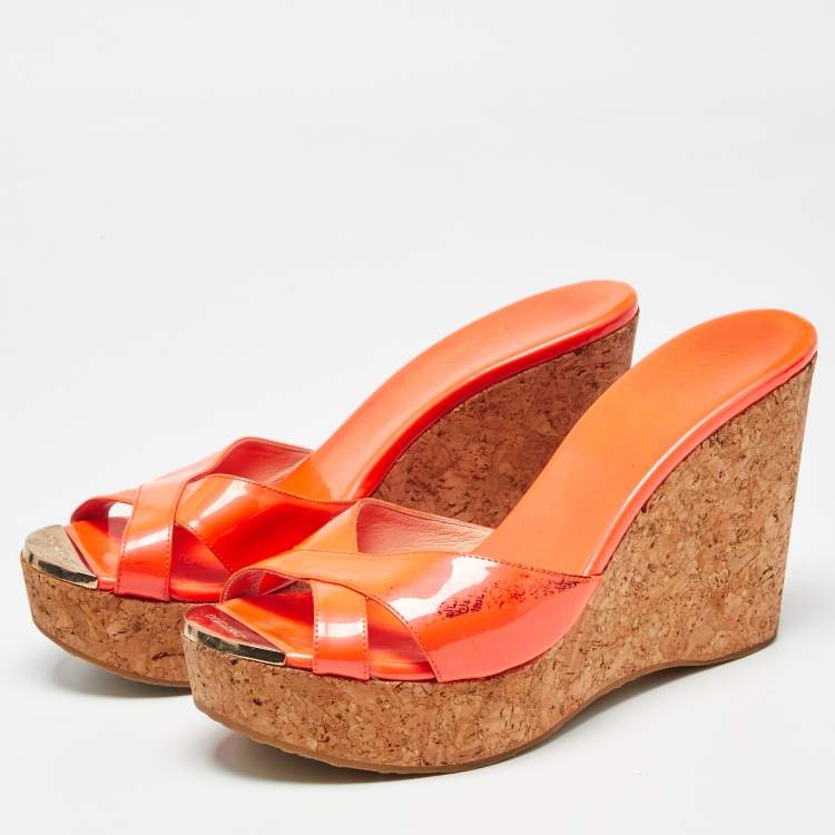 Pre Owned Jimmy Choo Orange Patent Leather Prima Sandals Size 40.5