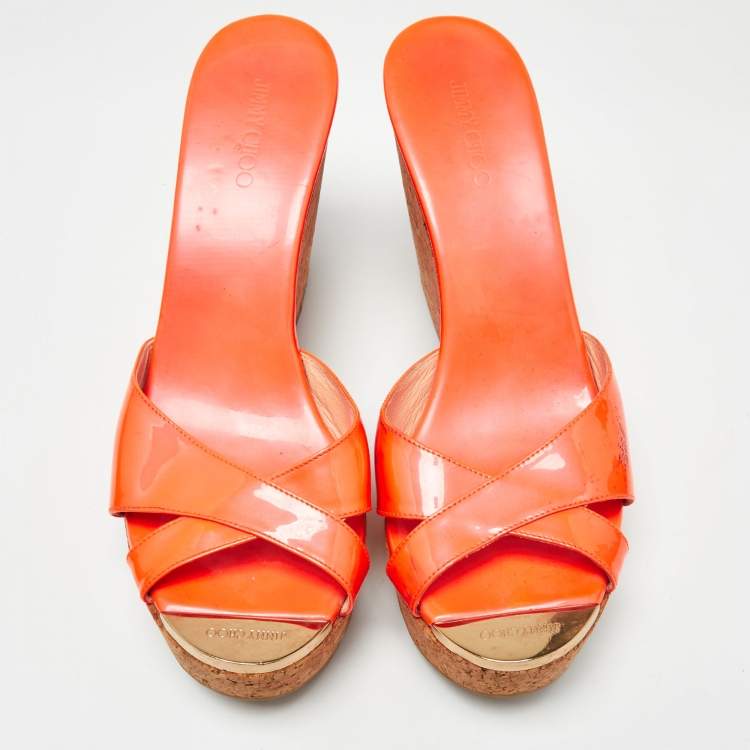 Pre Owned Jimmy Choo Orange Patent Leather Prima Sandals Size 40.5