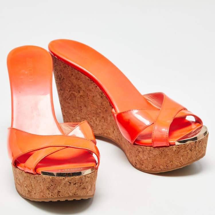 Pre Owned Jimmy Choo Orange Patent Leather Prima Sandals Size 40.5