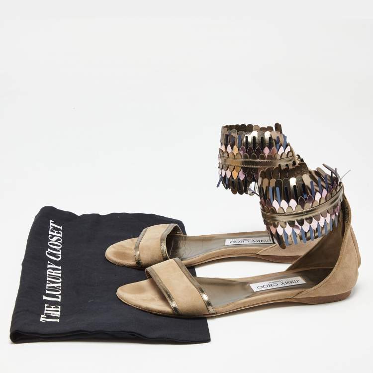 Pre Owned Jimmy Choo Beige Suede Kimro Fringe Flat Sandals Size 37