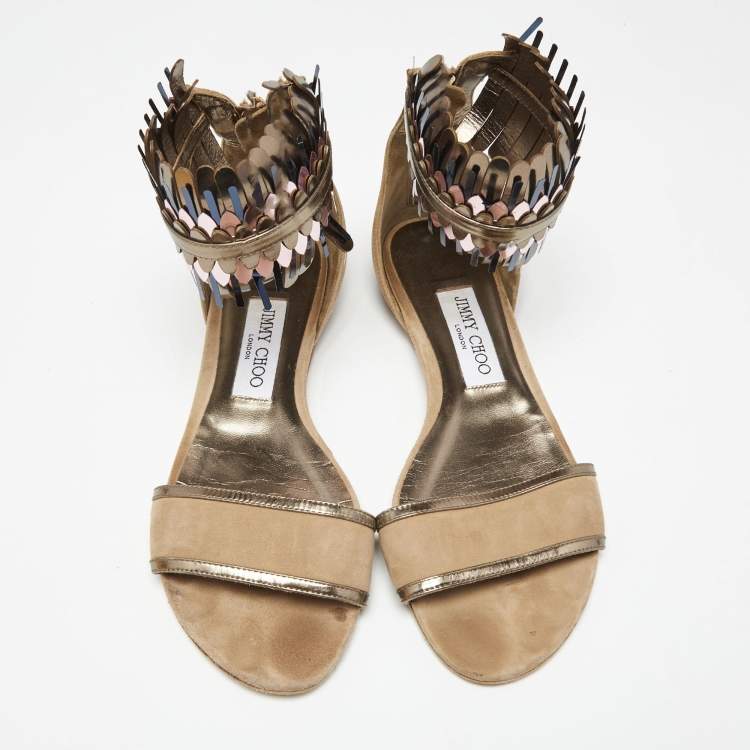 Pre Owned Jimmy Choo Beige Suede Kimro Fringe Flat Sandals Size 37