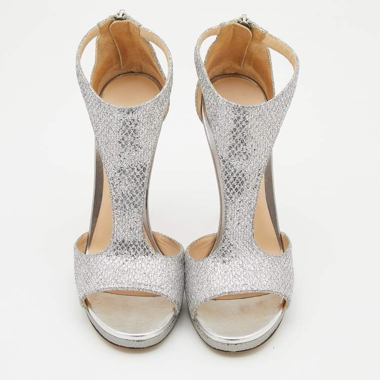 Pre Owned Jimmy Choo Metallic Silver Coarse Glitter Lana T-Strap Sandals Size 39