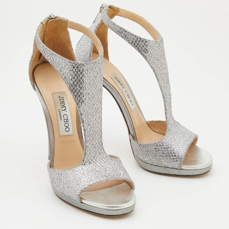 Pre Owned Jimmy Choo Metallic Silver Coarse Glitter Lana T-Strap Sandals Size 39