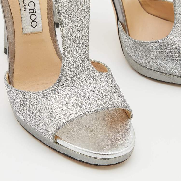 Pre Owned Jimmy Choo Metallic Silver Coarse Glitter Lana T-Strap Sandals Size 39