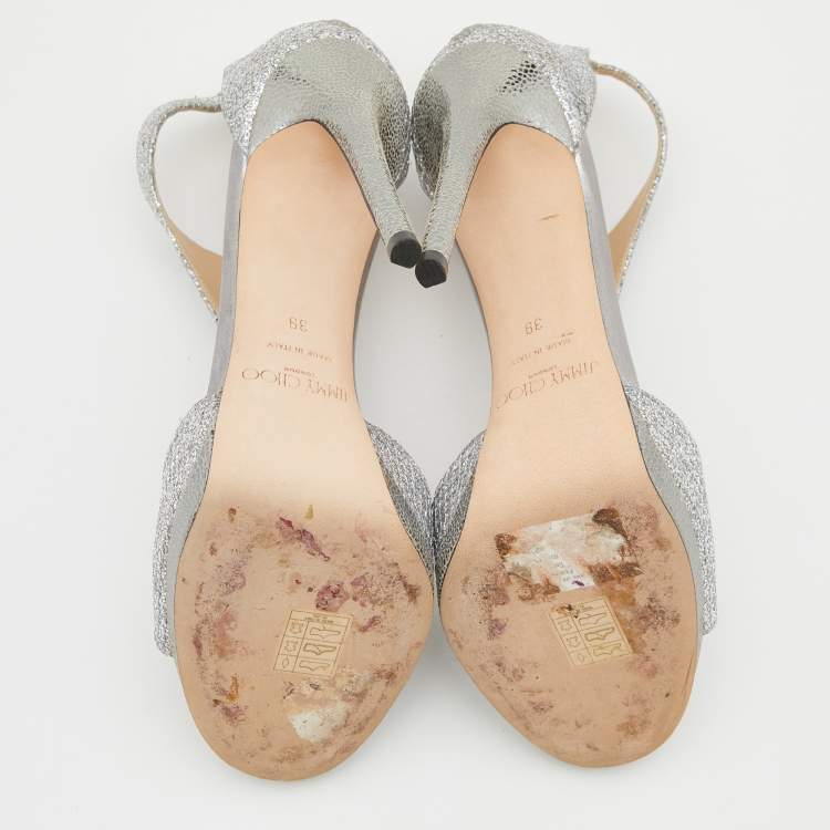 Pre Owned Jimmy Choo Metallic Silver Coarse Glitter Lana T-Strap Sandals Size 39