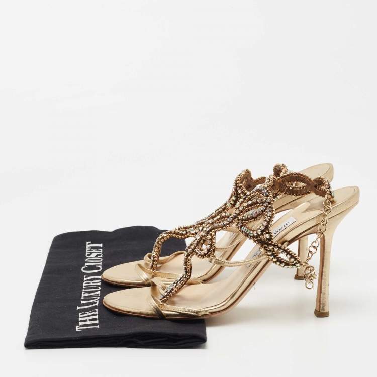 Pre Owned Jimmy Choo Metallic Gold Leather Ankle Strap Sandals Size 37
