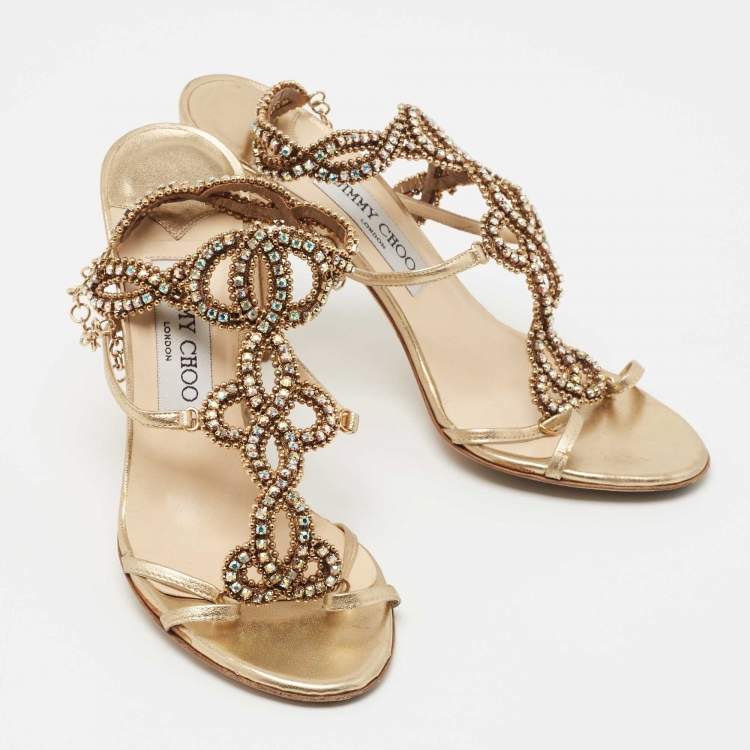 Pre Owned Jimmy Choo Metallic Gold Leather Ankle Strap Sandals Size 37