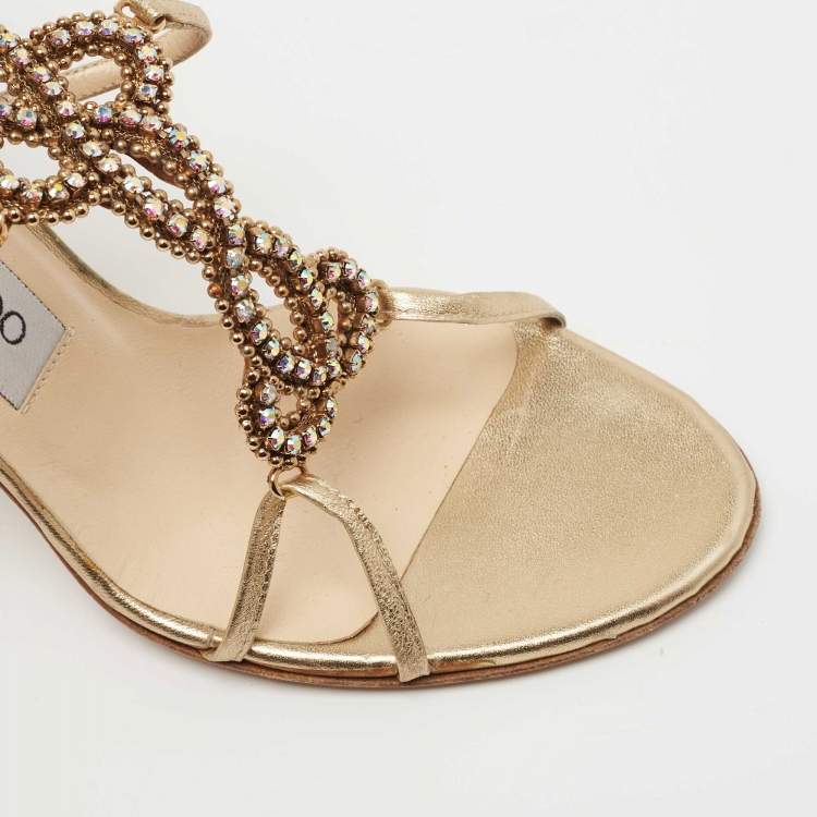 Pre Owned Jimmy Choo Metallic Gold Leather Ankle Strap Sandals Size 37