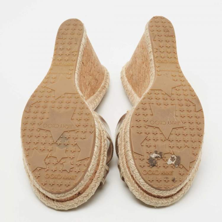 Pre Owned Jimmy Choo Gold Leather Prima Wedge Sandals Size 40