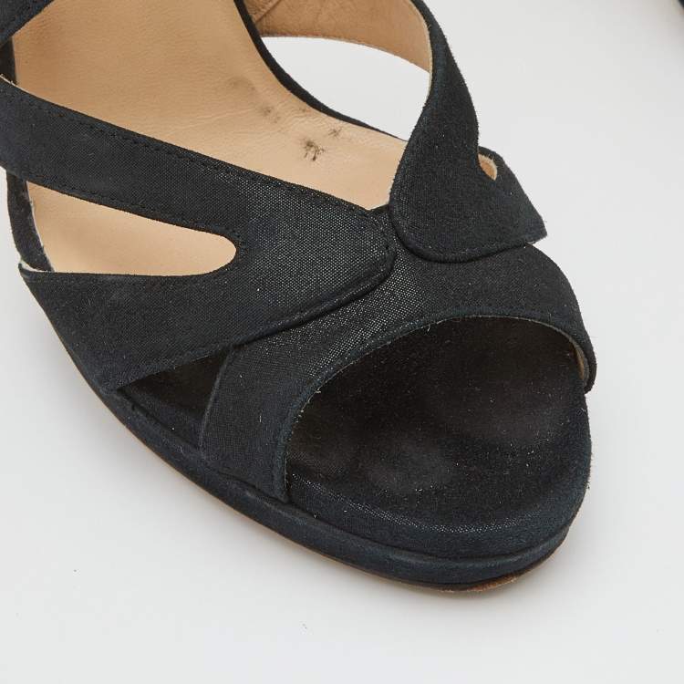 Pre Owned Jimmy Choo Black Glitter Suede Cutout Collar Open Toe Sandals Size 38.5