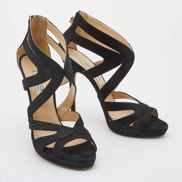 Pre Owned Jimmy Choo Black Glitter Suede Cutout Collar Open Toe Sandals Size 38.5