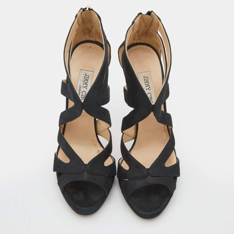 Pre Owned Jimmy Choo Black Glitter Suede Cutout Collar Open Toe Sandals Size 38.5