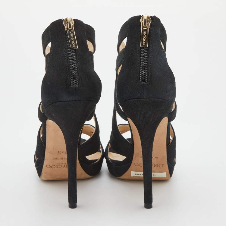 Pre Owned Jimmy Choo Black Glitter Suede Cutout Collar Open Toe Sandals Size 38.5