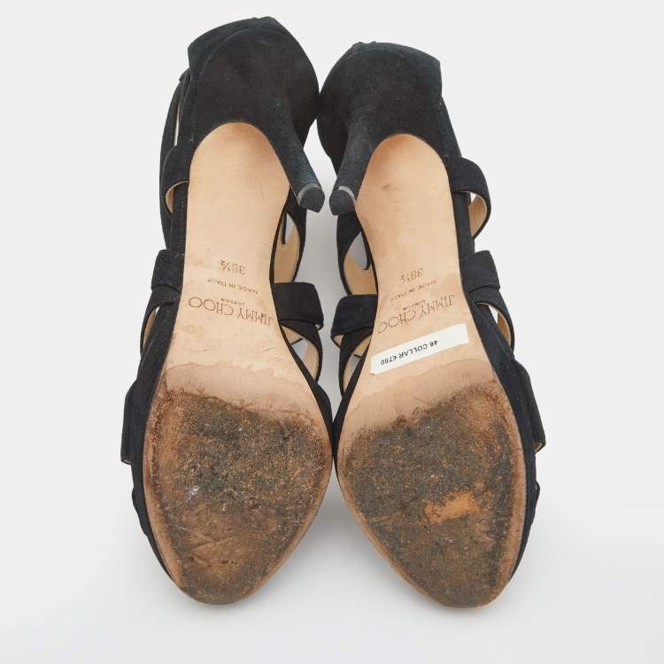 Pre Owned Jimmy Choo Black Glitter Suede Cutout Collar Open Toe Sandals Size 38.5