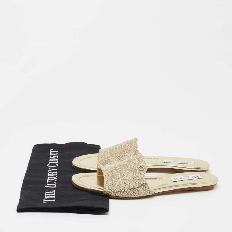 Pre Owned Jimmy Choo Gold Lame Fabric Slide Flats Size 38