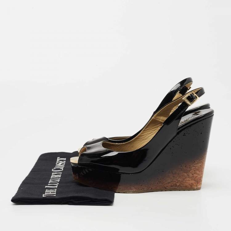 Pre Owned Jimmy Choo Black Patent Leather Slingback Wedge Pumps Size 37