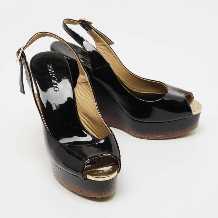 Pre Owned Jimmy Choo Black Patent Leather Slingback Wedge Pumps Size 37