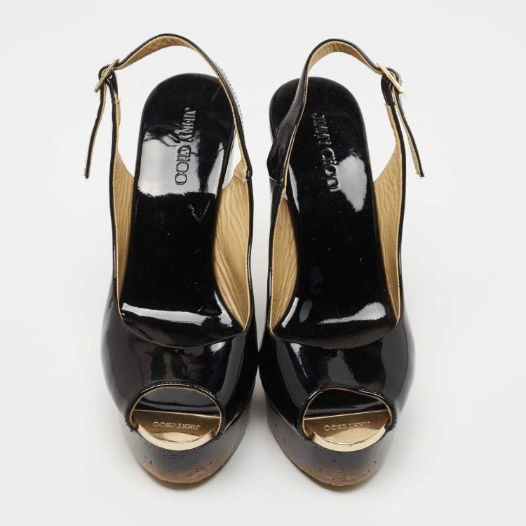 Pre Owned Jimmy Choo Black Patent Leather Slingback Wedge Pumps Size 37