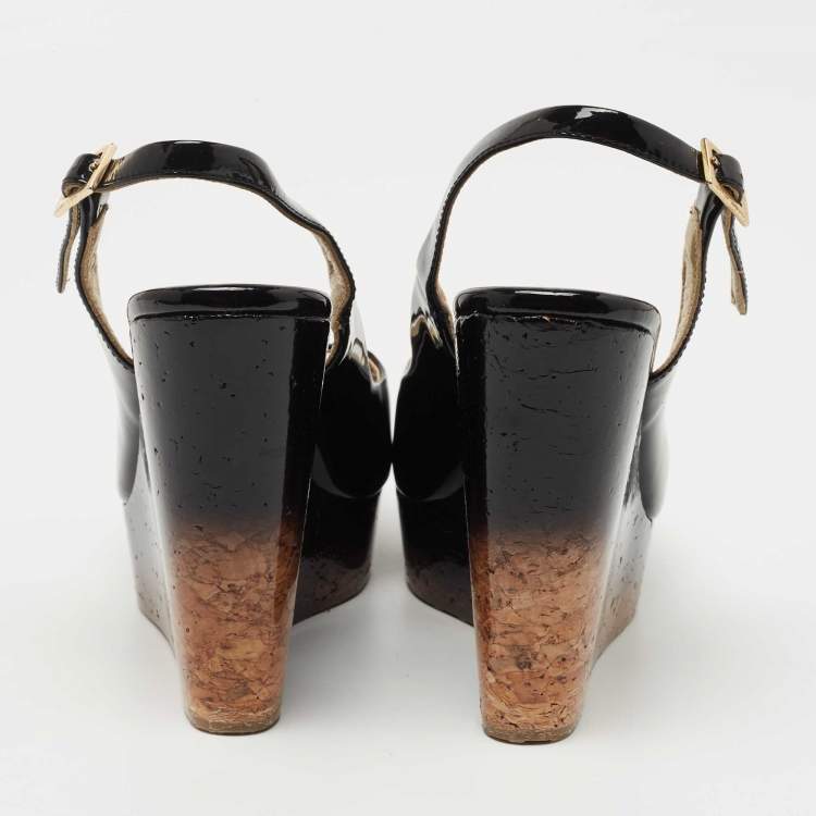 Pre Owned Jimmy Choo Black Patent Leather Slingback Wedge Pumps Size 37