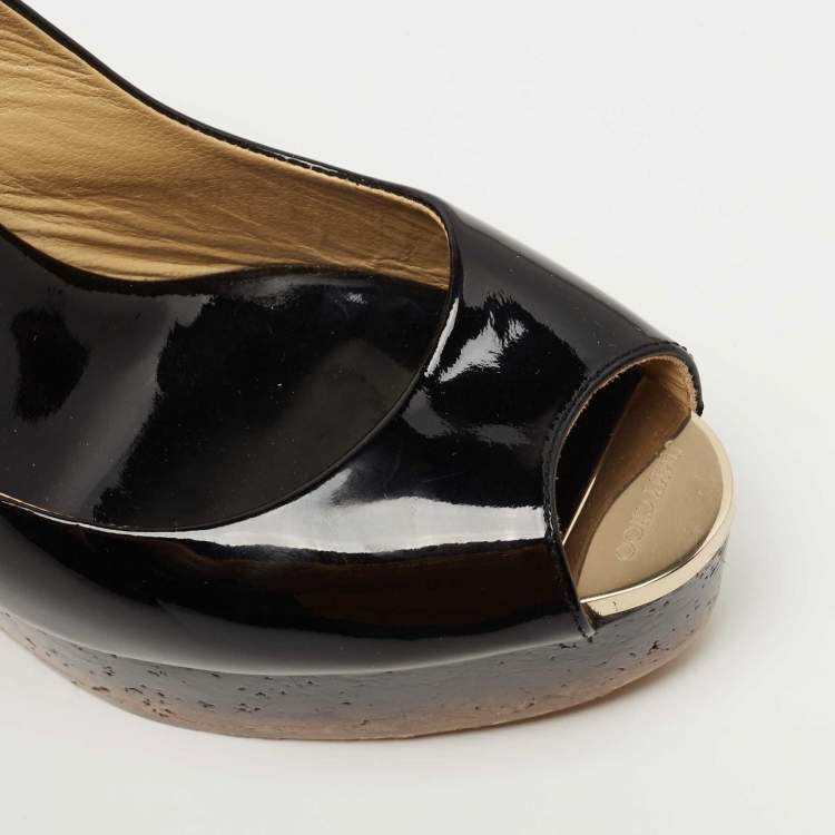 Pre Owned Jimmy Choo Black Patent Leather Slingback Wedge Pumps Size 37