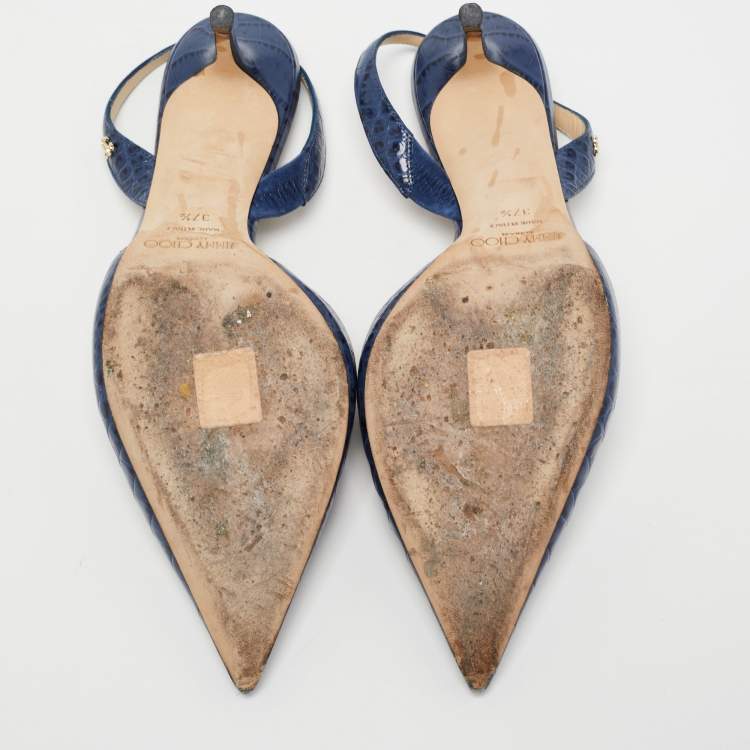 Pre Owned Jimmy Choo Navy Blue Croc Embossed Leather Slingback Pumps Size 37.5  