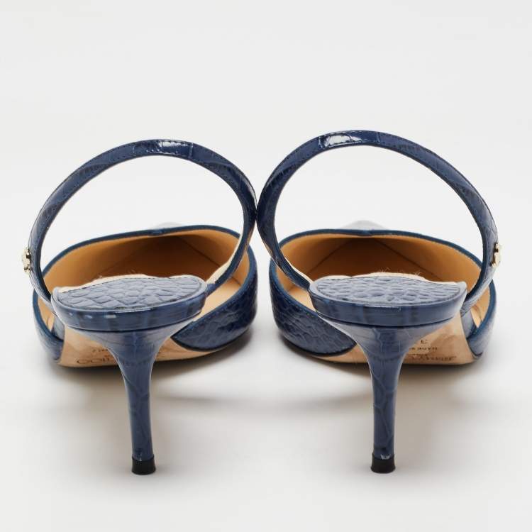 Pre Owned Jimmy Choo Navy Blue Croc Embossed Leather Slingback Pumps Size 37.5  