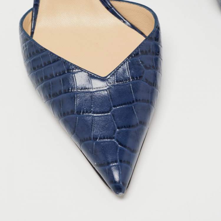 Pre Owned Jimmy Choo Navy Blue Croc Embossed Leather Slingback Pumps Size 37.5  