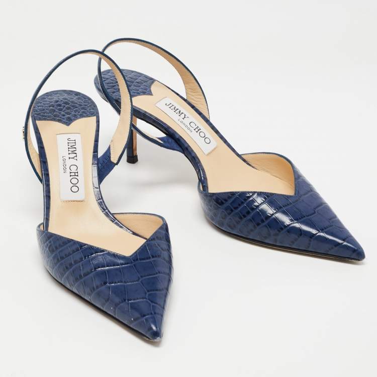 Pre Owned Jimmy Choo Navy Blue Croc Embossed Leather Slingback Pumps Size 37.5  