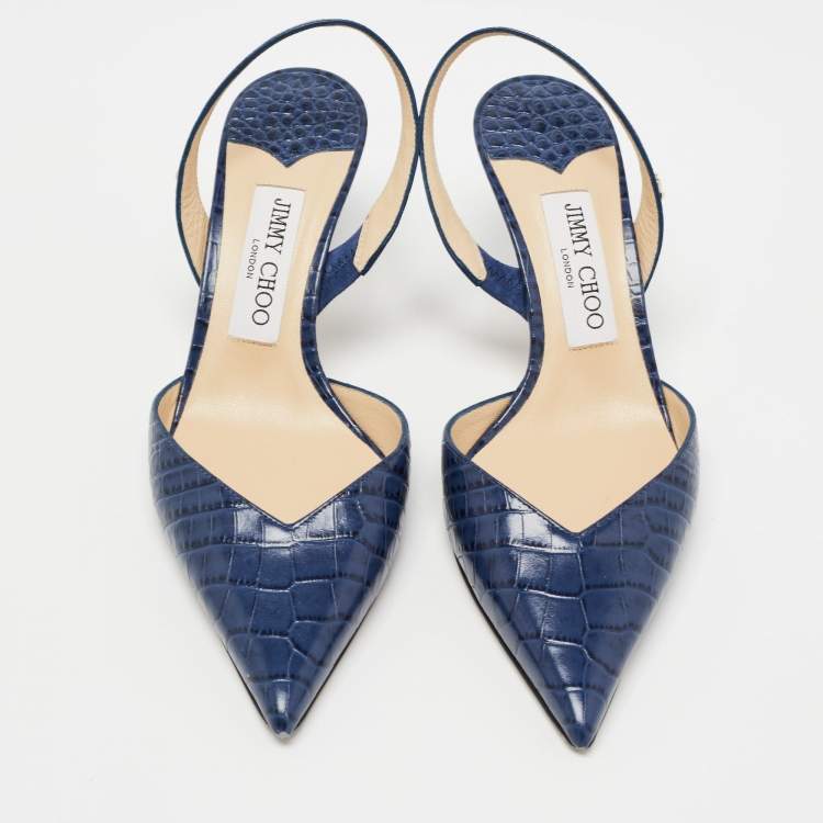 Pre Owned Jimmy Choo Navy Blue Croc Embossed Leather Slingback Pumps Size 37.5  