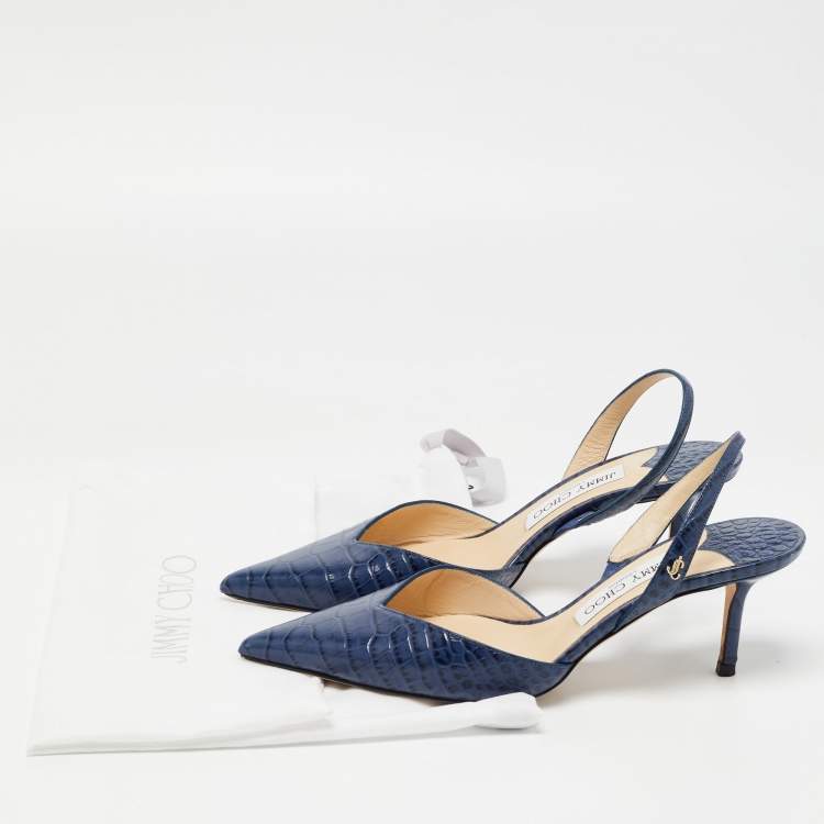 Pre Owned Jimmy Choo Navy Blue Croc Embossed Leather Slingback Pumps Size 37.5  