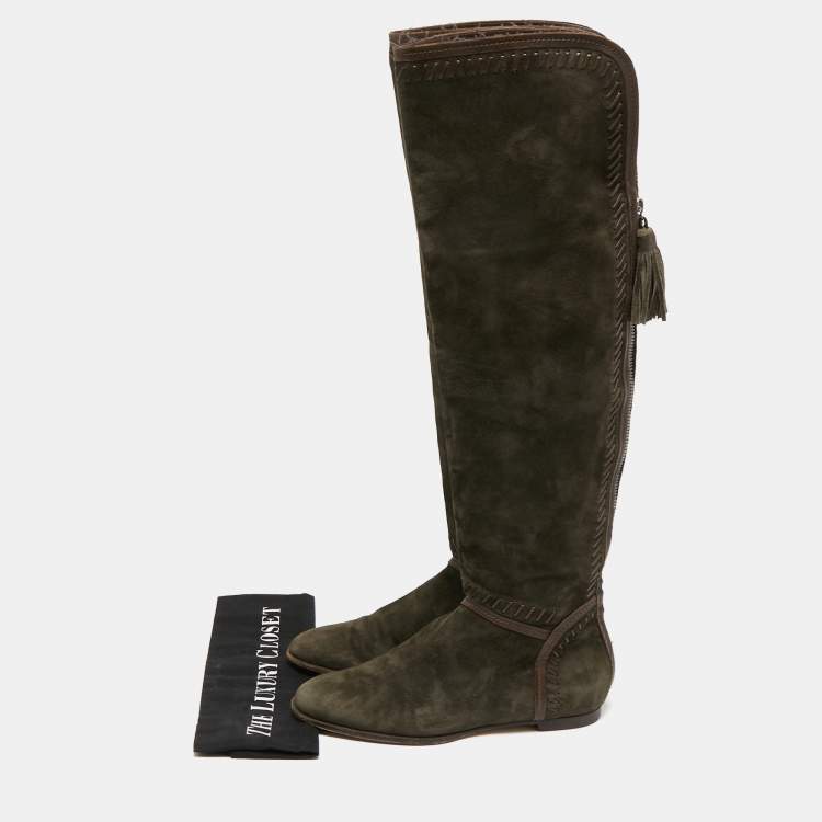 Pre Owned Jimmy Choo Green Suede and  Leather Knee Length Boots Size 38