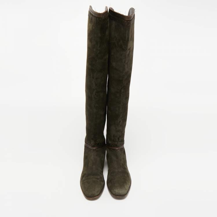 Pre Owned Jimmy Choo Green Suede and  Leather Knee Length Boots Size 38