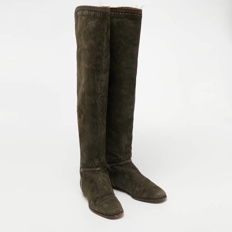 Pre Owned Jimmy Choo Green Suede and  Leather Knee Length Boots Size 38