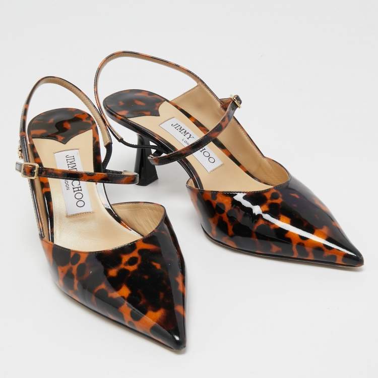 Pre Owned Jimmy Choo Black/Orange Animal Print Patent Leather Ray Slingback Pumps Size 37.5