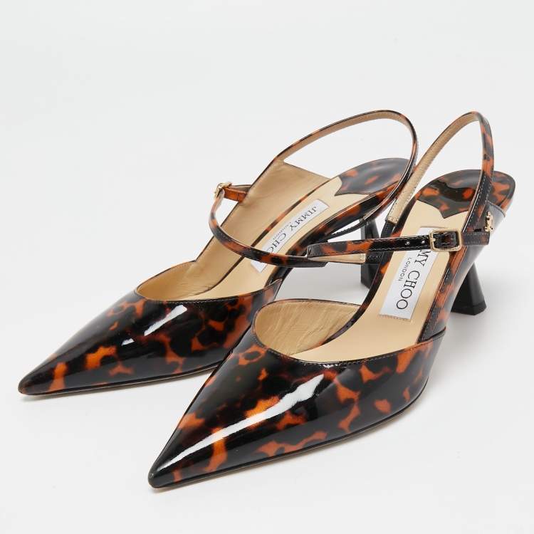 Pre Owned Jimmy Choo Black/Orange Animal Print Patent Leather Ray Slingback Pumps Size 37.5