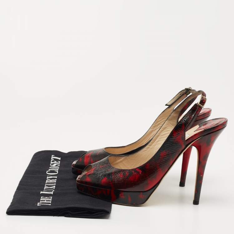 Pre Owned Jimmy Choo Red/Black Texture Leather Slingback Pumps Size 38  