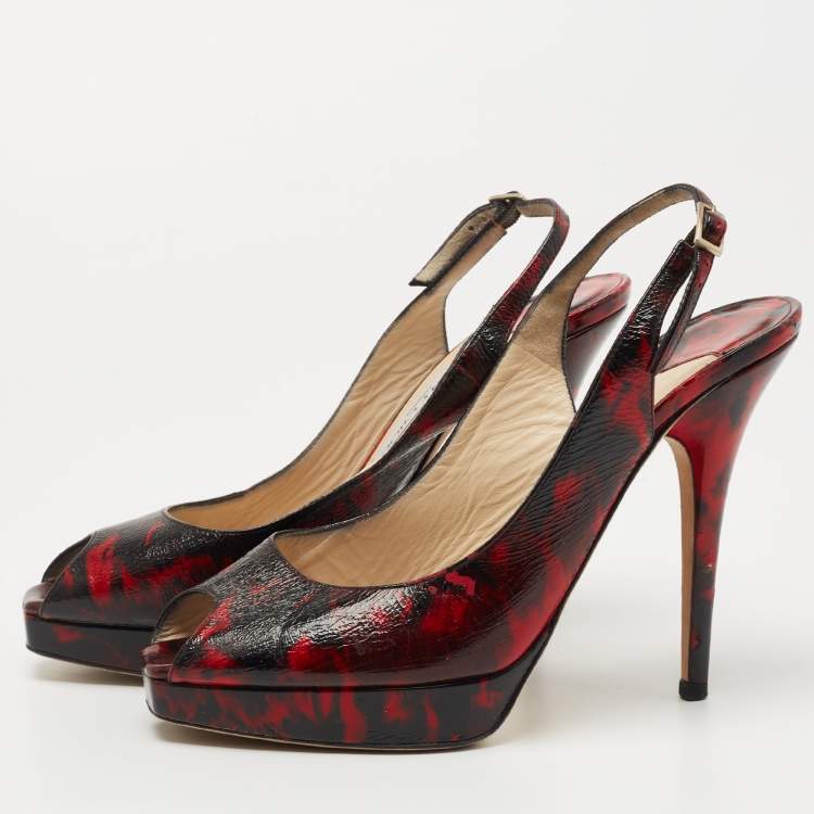 Pre Owned Jimmy Choo Red/Black Texture Leather Slingback Pumps Size 38  