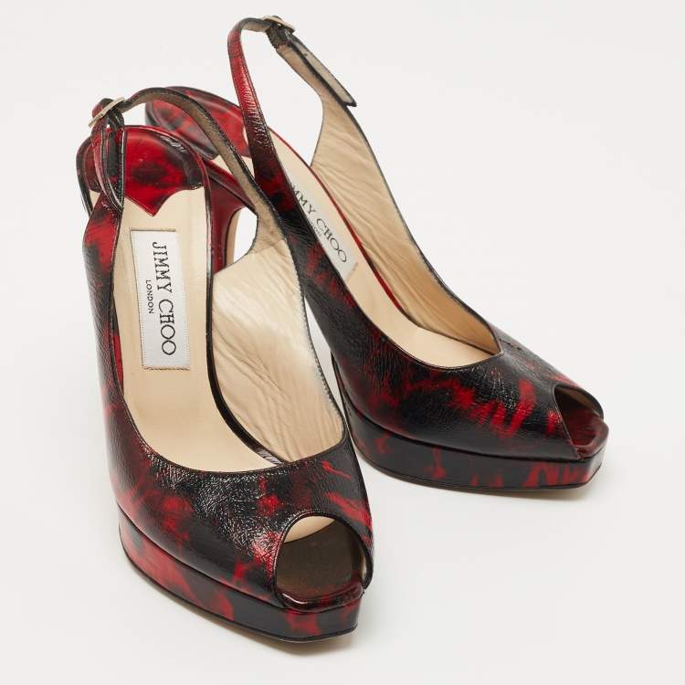 Pre Owned Jimmy Choo Red/Black Texture Leather Slingback Pumps Size 38  
