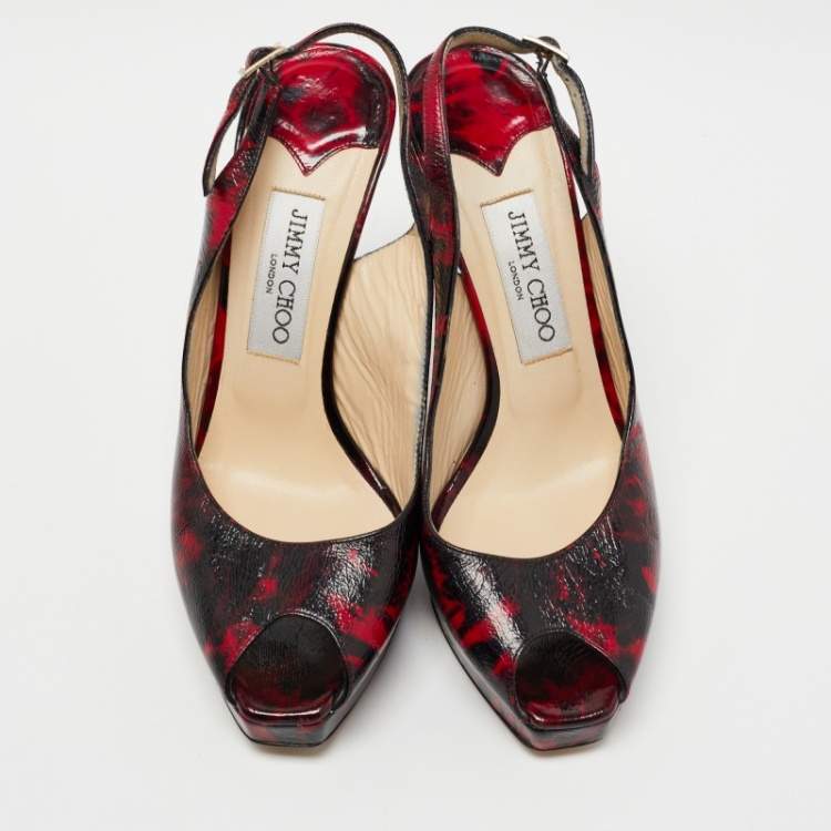 Pre Owned Jimmy Choo Red/Black Texture Leather Slingback Pumps Size 38  